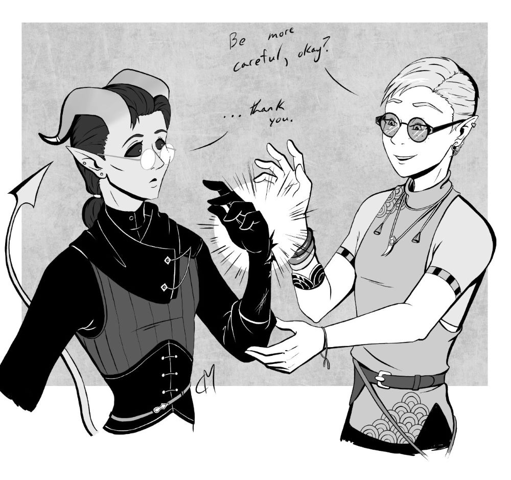 drawing of one character healing another with magic