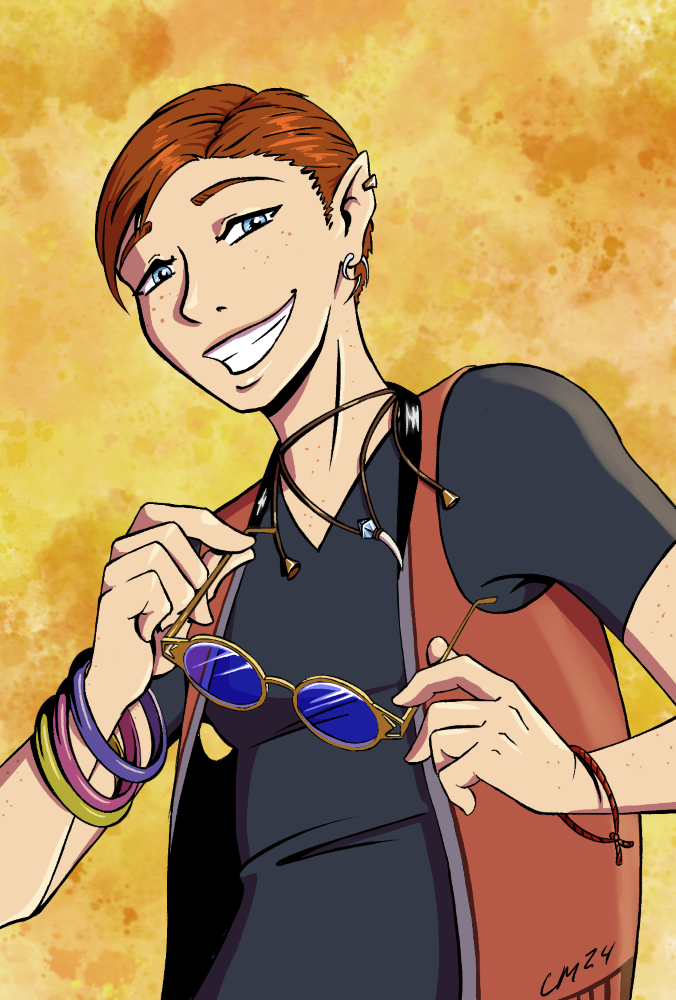 coloured illustration of a male halfelf with blue tinted sunglasses smiling warmly