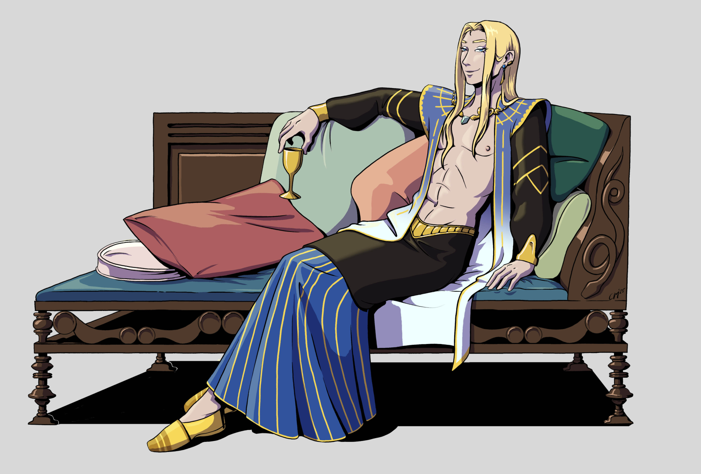 long haired blond man with open shirt sits on a wooden bench with pillows