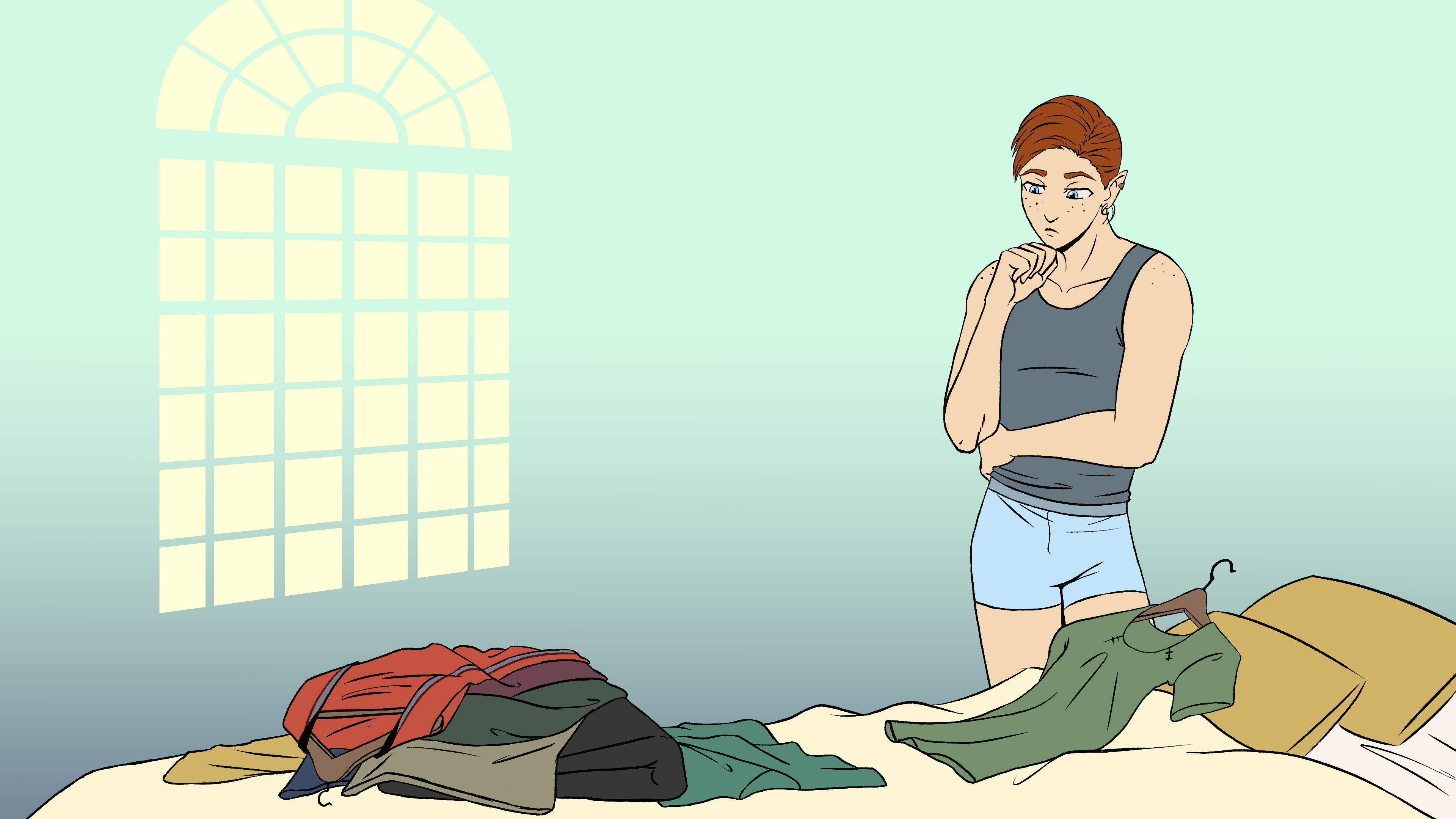 coloured illustration of the title for a dress up game I made. Rein looks over his wardrobe strewn across the bed.